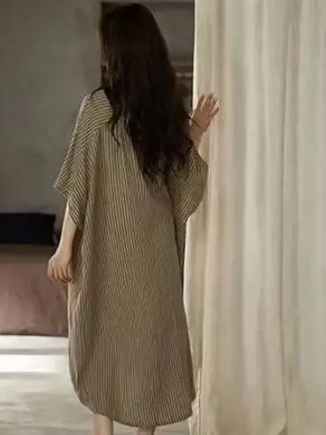 Laid-back Style Women's Sleepwear Spring Autumn Loose Striped Thin Mid-length Home Clothes Casual Outerwear Short Sleeve 2