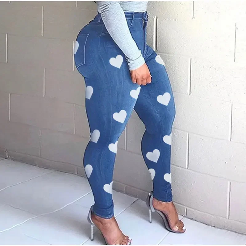 

Blue High Stretch Sexy Skinny Pencil Jeans Women's New Y2K Plus Size Printed Heart Shaped Jeans Mommy 2XL Retro 2024 Streetwears