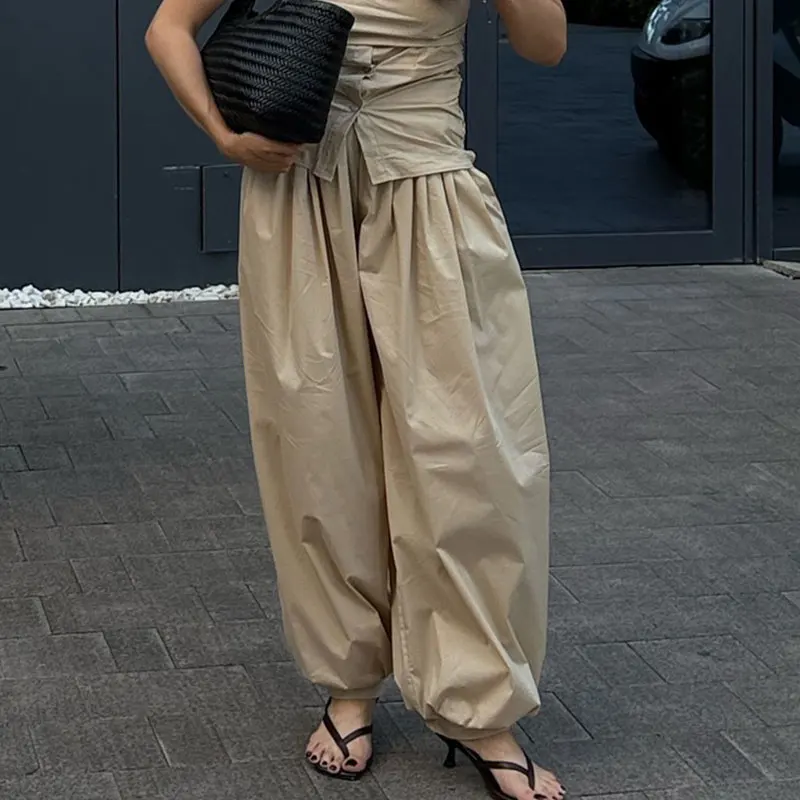 Pantalones Largos de Cintura Alta para Mujer, 100% Algodón, de Alta Calidad, Estilo Casual, Pantalones Anchos de Moda, Ropa para Mujer