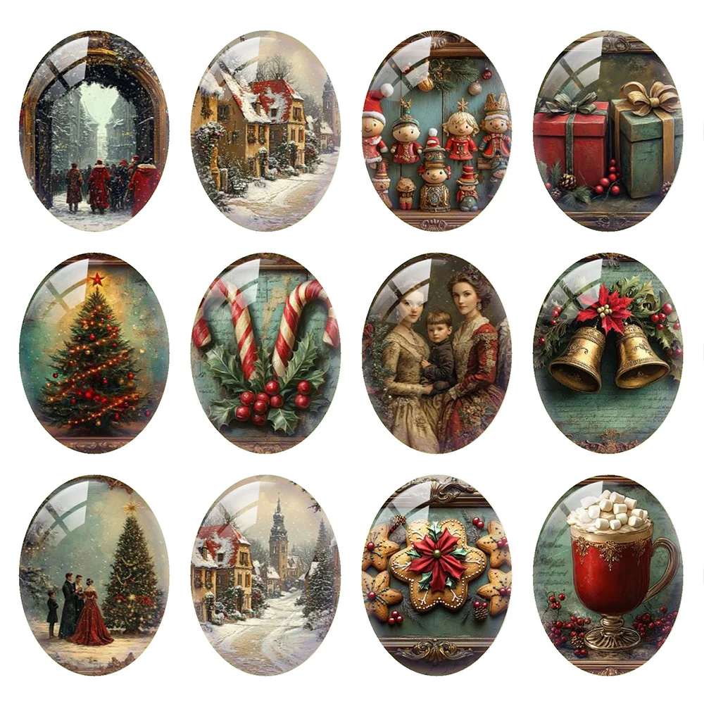 

10pcs/lot Retro Christmas X-mas Tree Jingle Bell Winter Oval Photo Glass Cabochon Flatback Demo Cameo Diy Jewelry Making