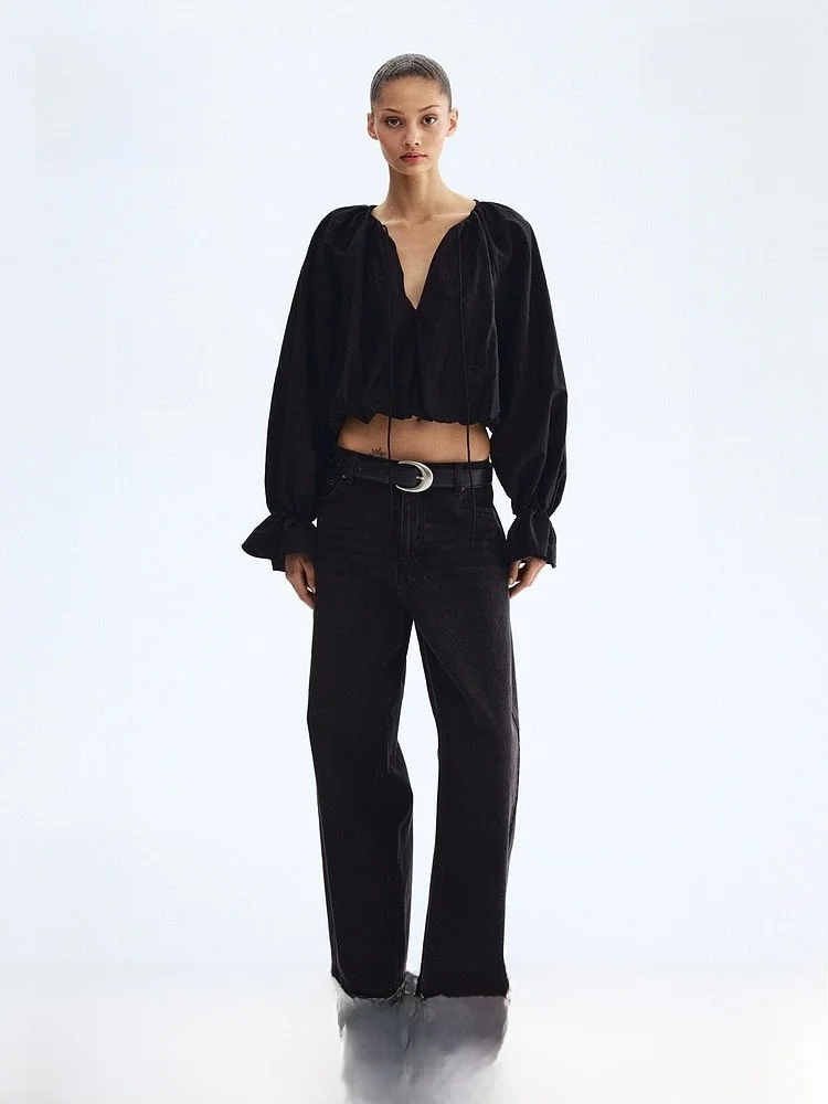 

Summer New Women's Pleated Lantern Sleeve Shirt H&M Casual Style V-neck Long Sleeve Cotton Nylon Blend Comfortable Fit Shirt