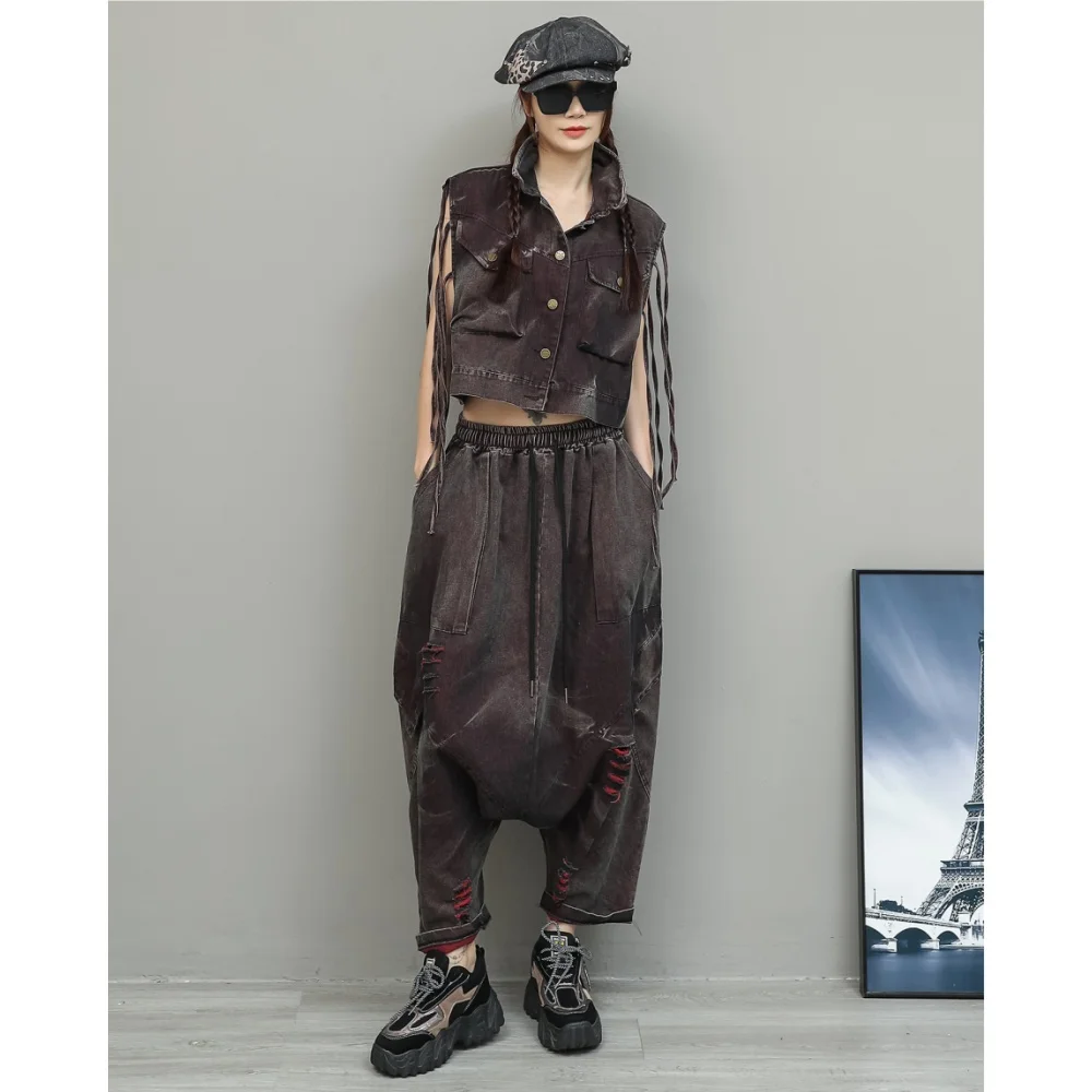 

Trendy Cool Fashion Suit Women Summer Distressed Denim Detachable Sleeves Two-way Wear Jacket + Loose-fitting Jeans XY249