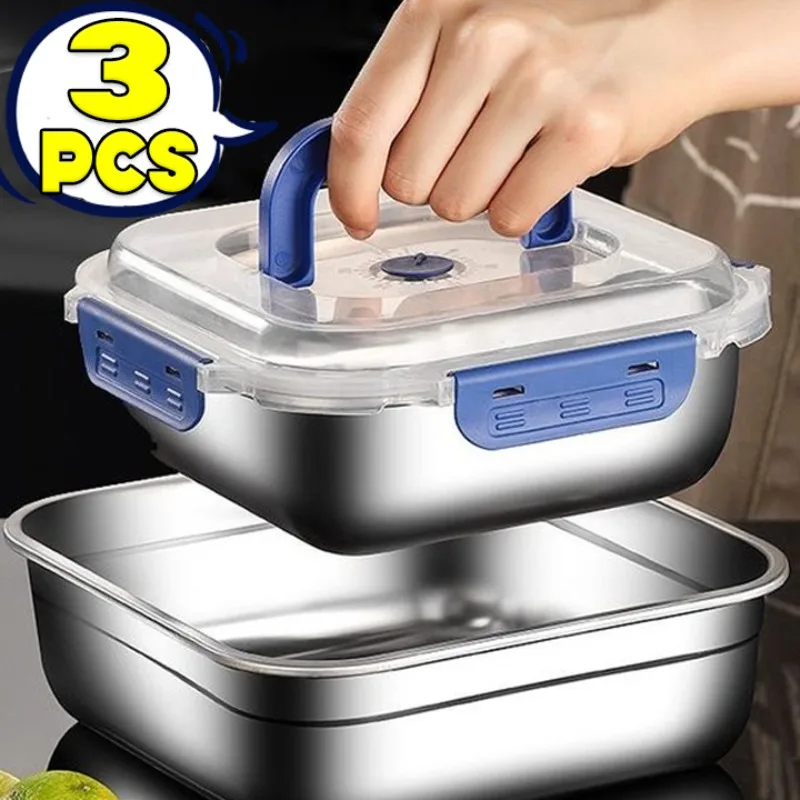 Stainless Steel Food Storage Container Camping Lunch Box Bento Food Box Noodles Fruit Tray Thick Refrigerator Organizer Plate