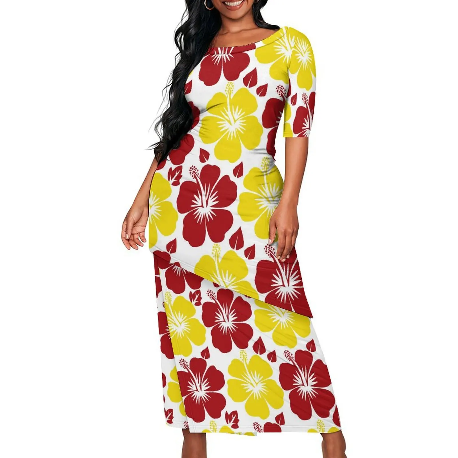 

Party Puletasi Round-Neck Polynesian Women'S Mid-Length Sleeve An Ankle-Length Dress High-Definition Pattern Customization