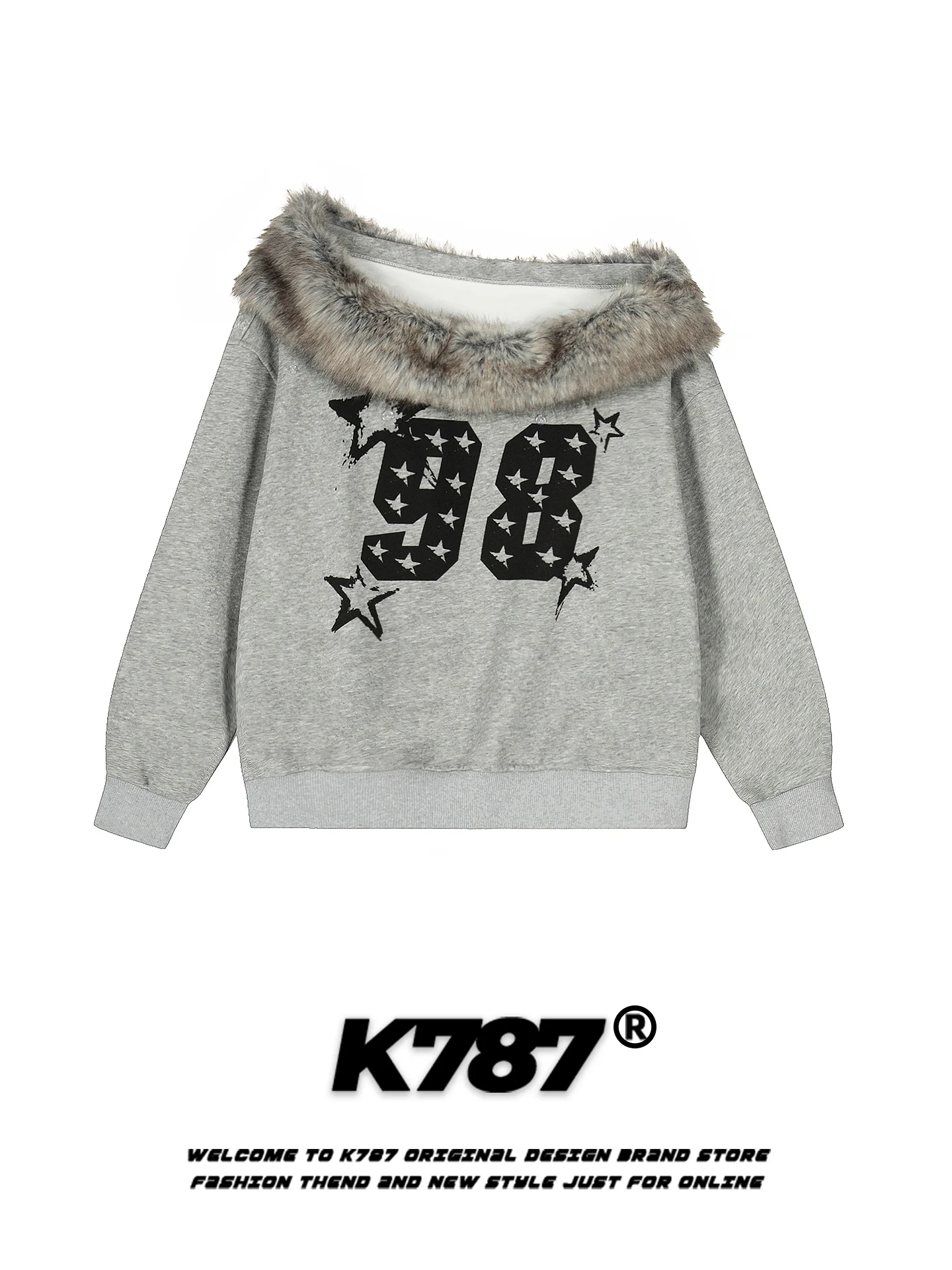 

Женская толстовка K787 в американском ретро-стиле с цифровым принтом, меховой отделкой и асимметричным плечом, свободного кроя, в стиле оверсайз