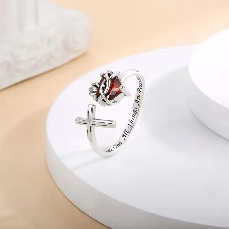 

Retro niche design English printed love cross ring, protective gift with simple opening adjustable finger
