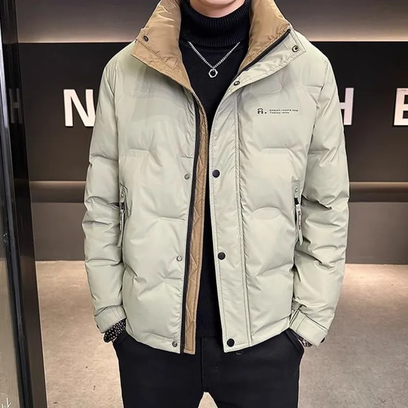 Men's White Duck Down Jacket Fall Winter Fashion Male Outwarer Stand Up Stand Up Thick Warm Color Blocked Short Down Jacket