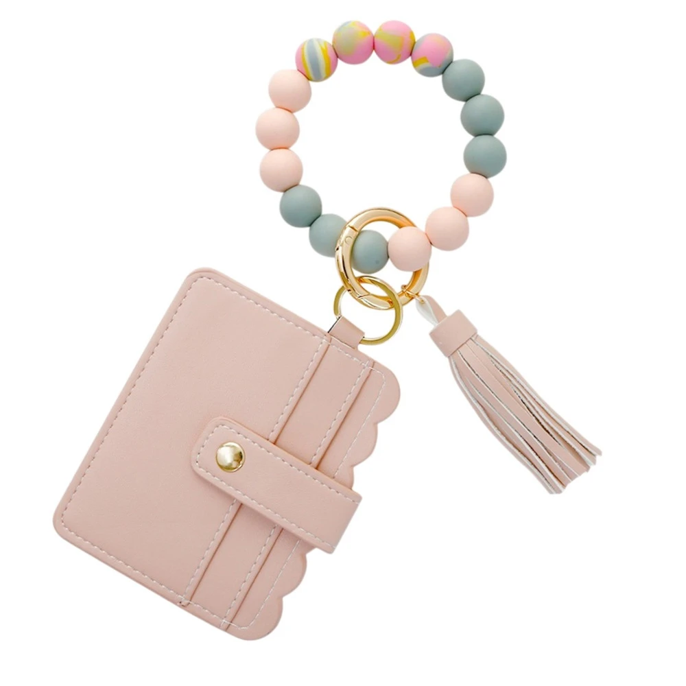 Wristlet Keychain Bracelet Credit Card Holder Wallet Key Ring Silicone Tassel Keychain Beaded Bangle for Women - A