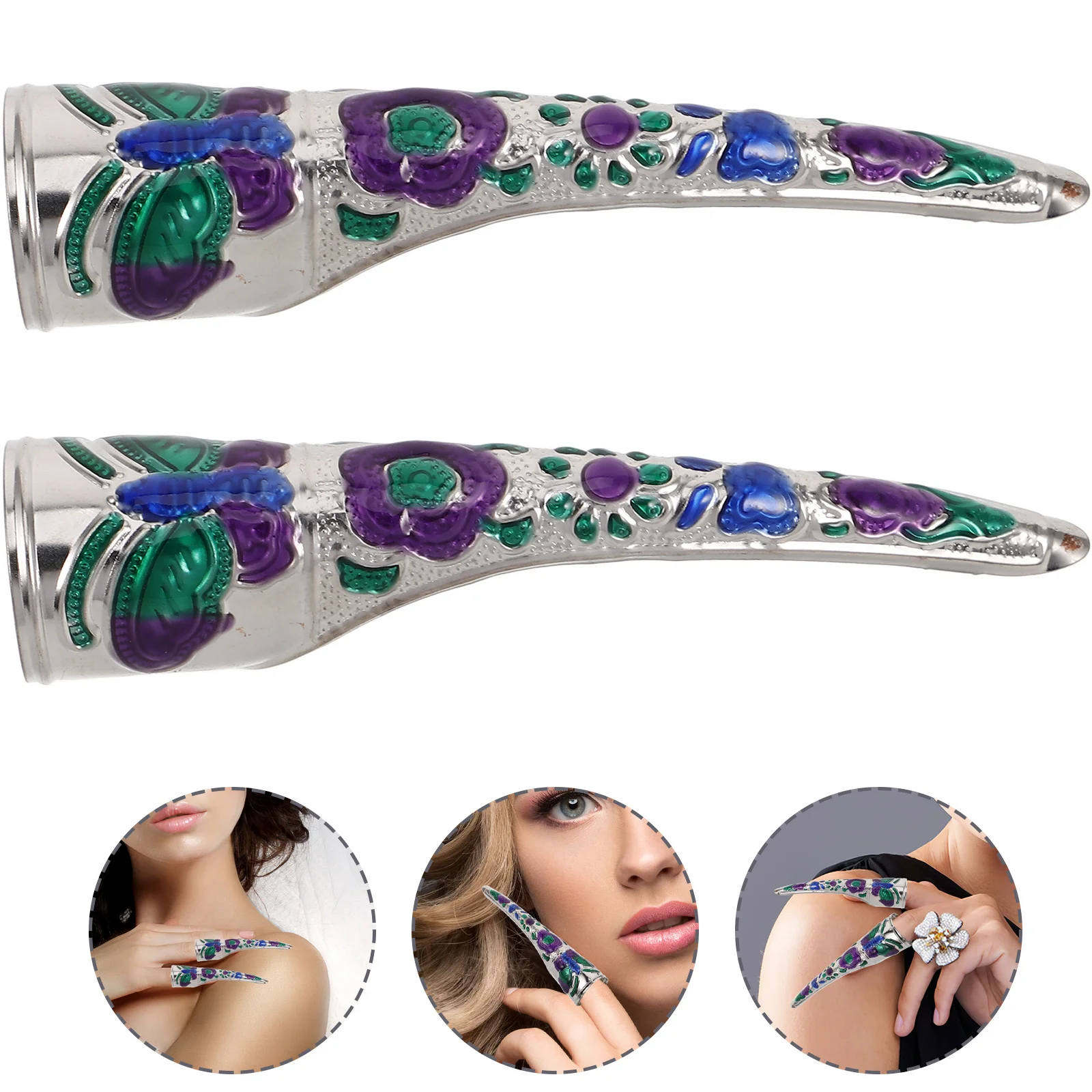

2Pcs Nail Cover Ring Ancient Chinese Qing Dynasty Royal False Nails for Cosplay Halloween Party Stage Performance Press on