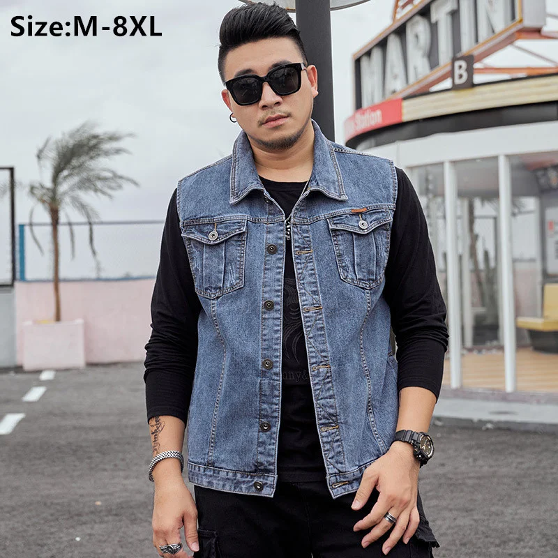 Denim Waistcoat Men Blue Jeans Young Sleeveless Jacket Autumn Slim Hip Hop Cowboy Man Vest Plus Size 6XL 7XL 8XL Hommes Veste