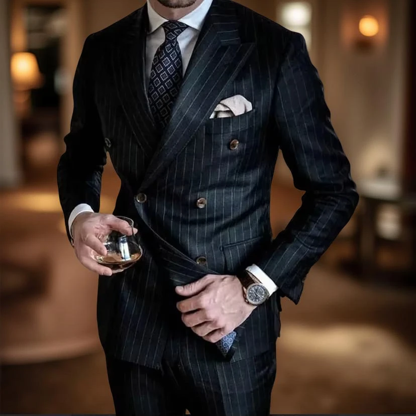 Stripe Formal Men Suits Double Breasted Blazer Business Groom Tuxedo Peak Design Slim Fit 2 Pcs Fashion Suit (Jacket + Pants)