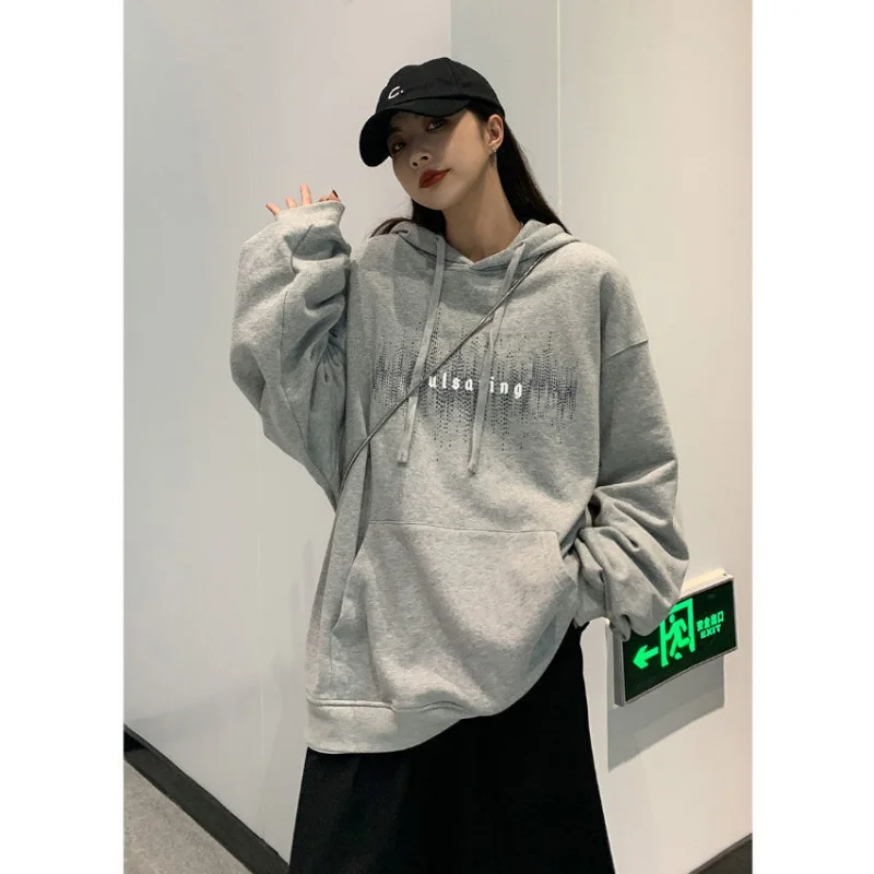 

Women's Clothing Black Vintage Street Hoodie Letter Printing Long Sleeves Casual High Street Oversize Baggy Ladies Tops Men's