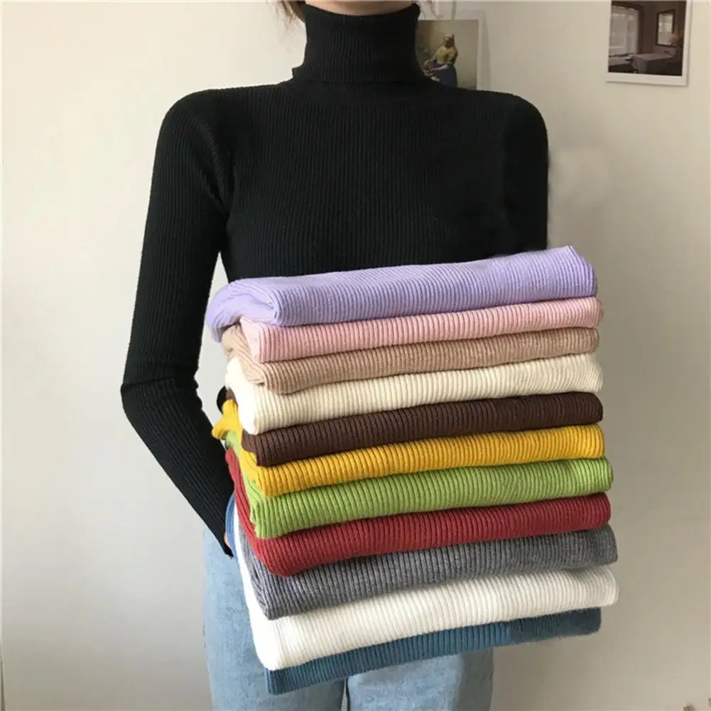 Turtleneck Long Sleeves Bottoming Shirt Ribbed Women Sweater Winter Jumper Slim Fit Warm Pullover Sweater Женский Свитер