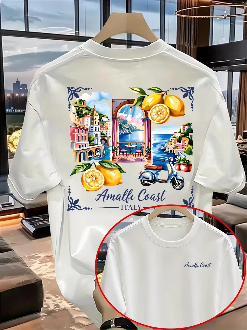 2026 Amalfi Coast Italy Lemon Graphic T Shirt, Vintage Coastal Landscape Back Print Tops for Kids Adults Multi Colors