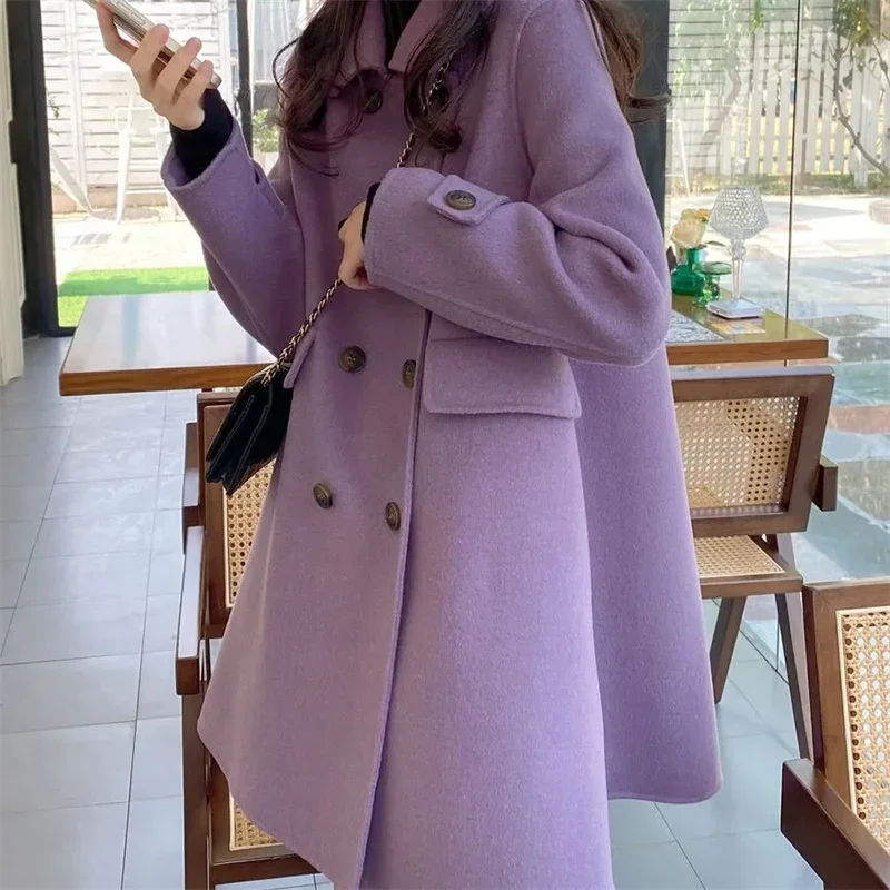 

Double Breasted Women Purple Temperament Woolen Coat 2023 Female Mid Length Korean Woolen Fashion Doll Collar Outerwear Q84
