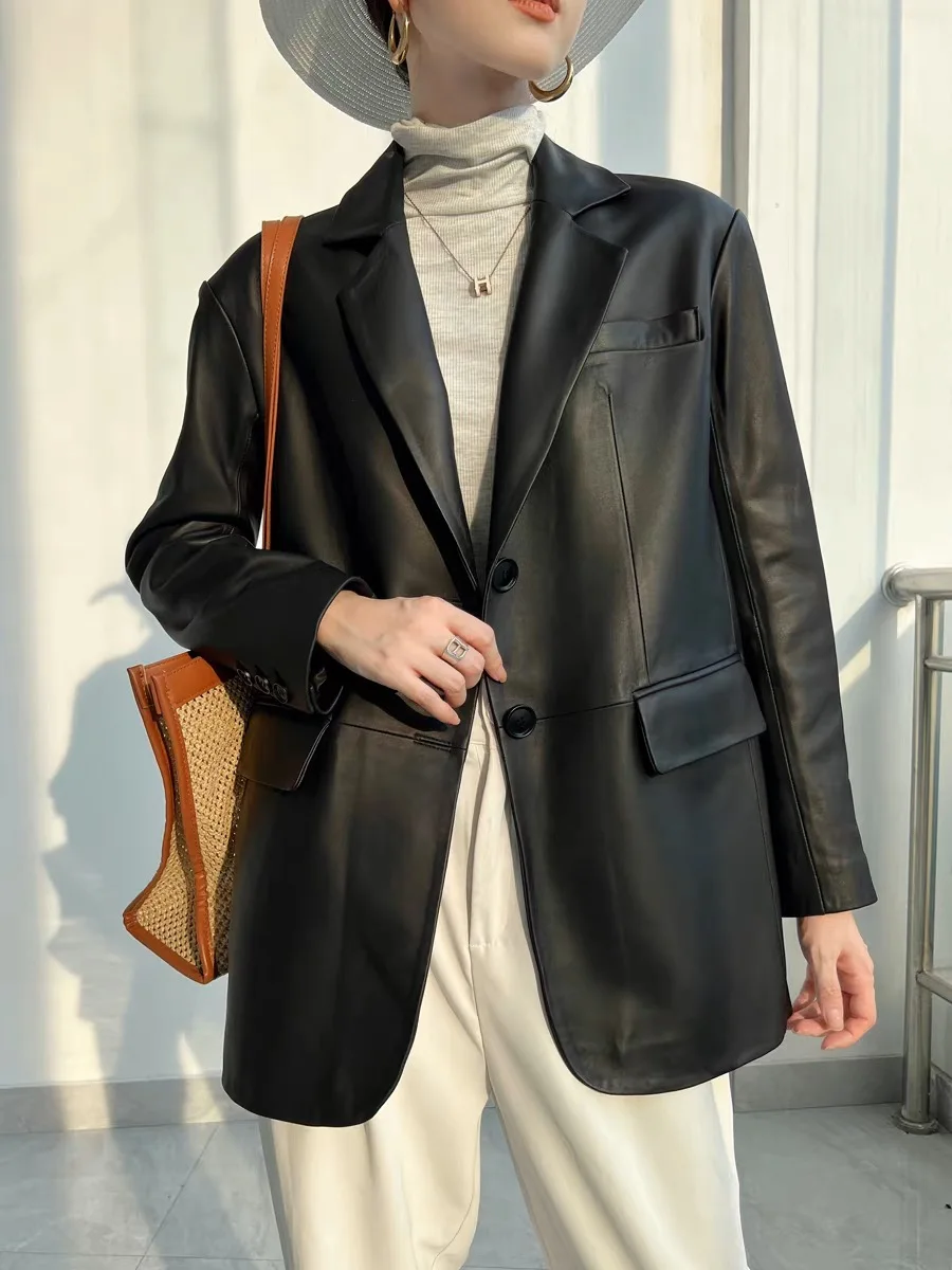Lordly Top Quality Sheepskin Suit Jacket for Women Oversized Neutral Single- Breasted Black Jacken Dame Street