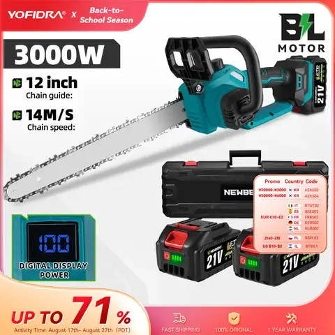NEWBENY 12 인치 브러시리스 전기 전기 톱 LED 디스플레이 Makita 18V 배터리 핀 용 무선 목재 절단 정원 로깅 톱