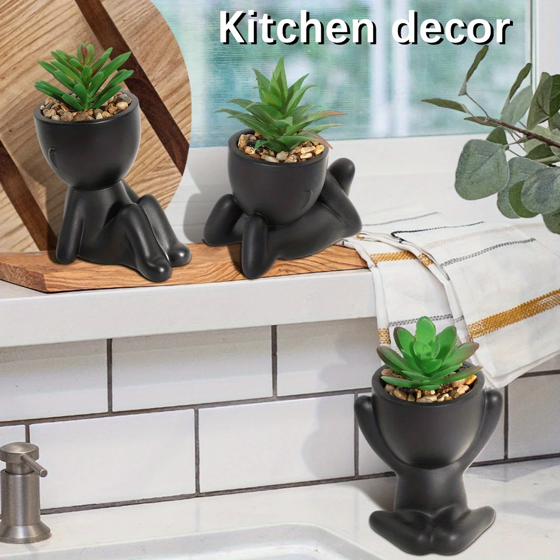 3pcs/set Artificial Aloe Vera Succulent Cartoon Pot Plant Fake Succulent Black PE Material Artificial Plants Home Decoration