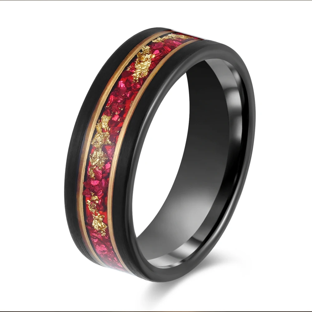 POYA 8mm Black and Rose Gold  Tungsten Ring Inlay Red Gravel Gold Leaf Inlay