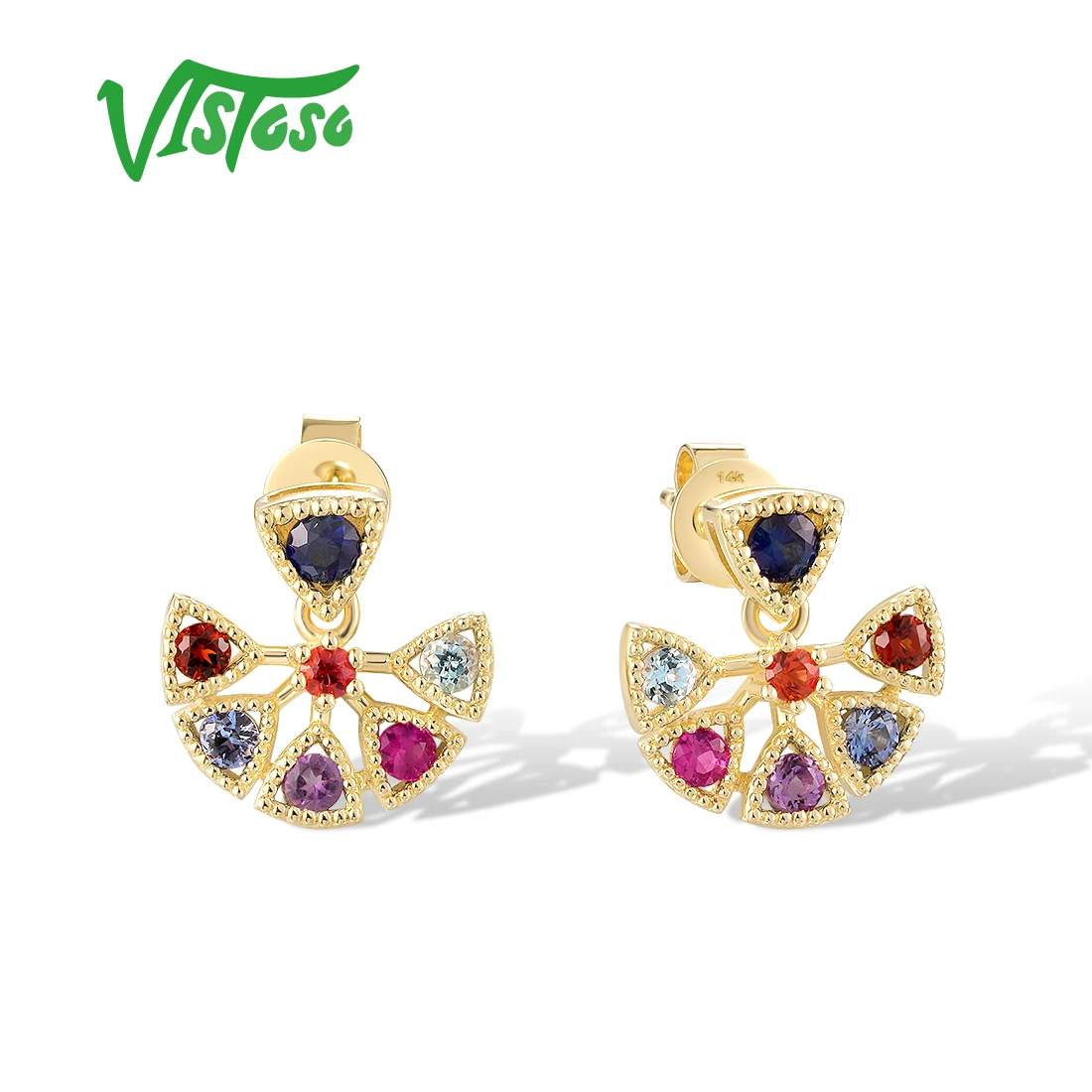 

VISTOSO 14K 585 Yellow Gold Stud Earrings For Women Sparkling Multi-Color Gems Rainbow Exquisite Birthday Gifts Fine Jewelry