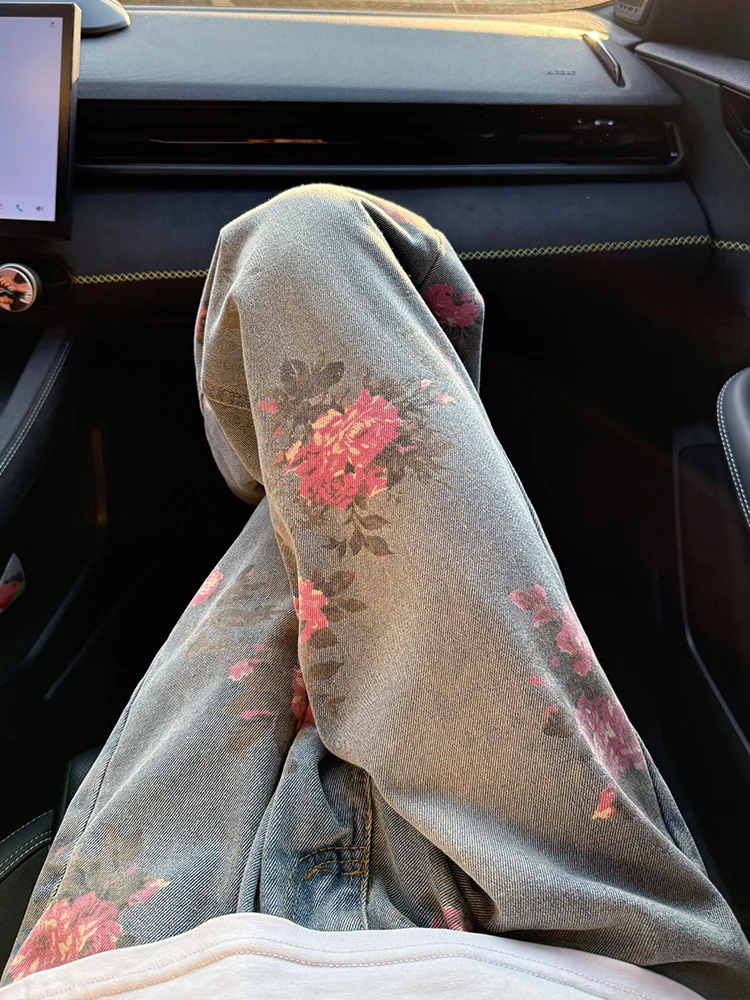 

Floral Print Men's Jeans High Street CleanFit Design Loose Straight Leg Micro Flared Cotton Polyester Blend Wear Resistant