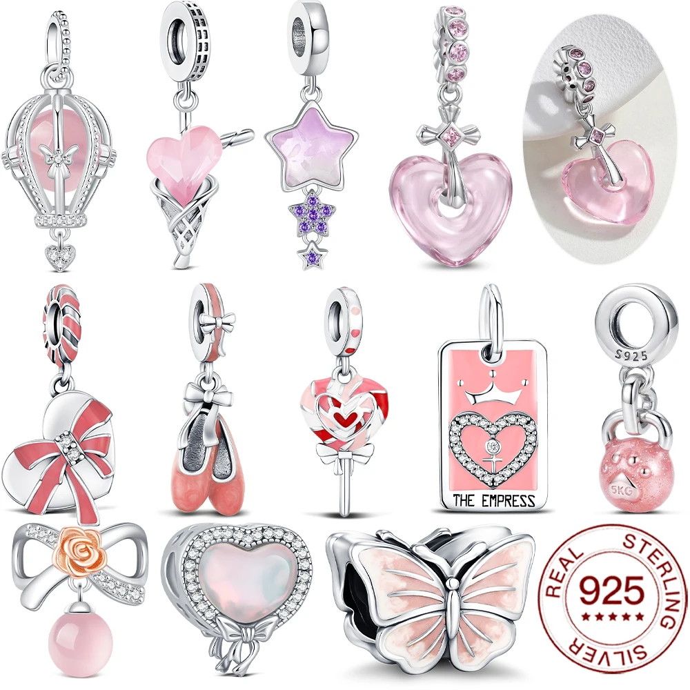 925 Sterling Silver Charms Pink Beads Ice Cream Star Heart Pendants Fit Original Bracelets DIY Jewelry Making For Women Gifts