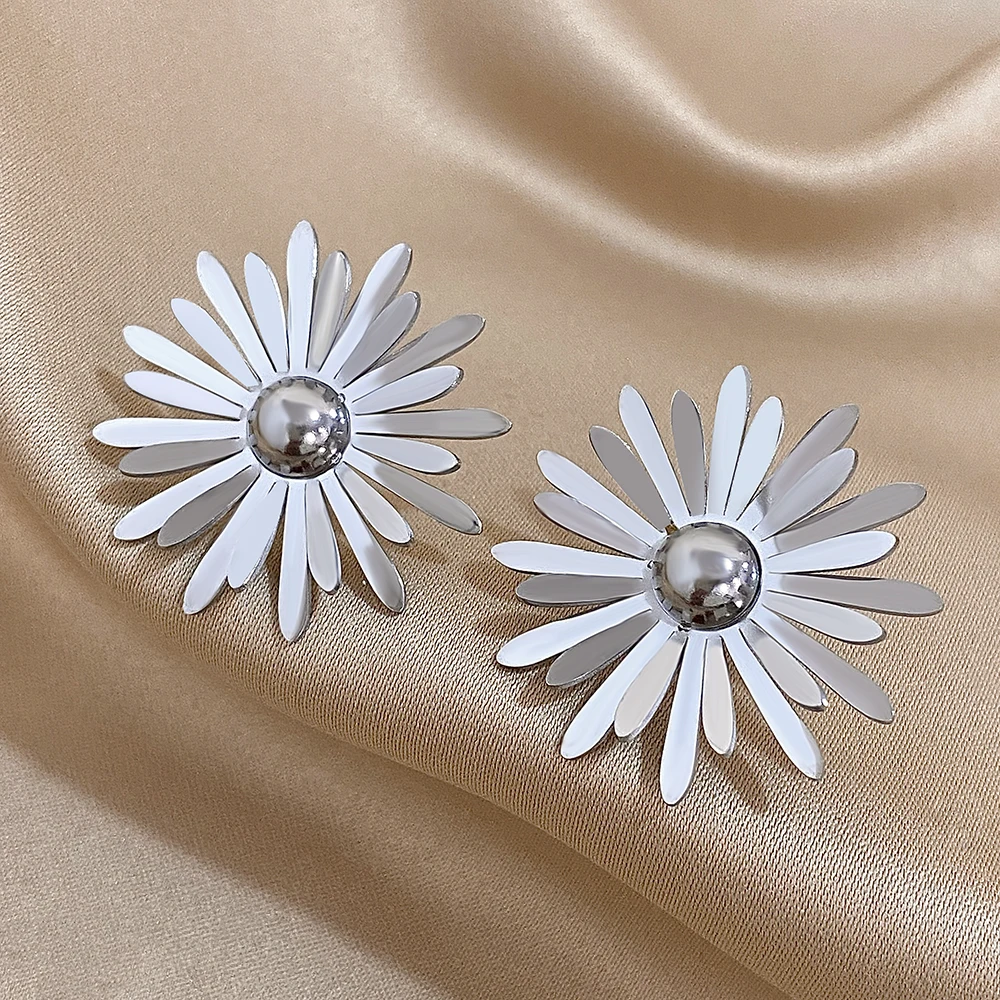 Flashbuy Trendy Daisy Stainless Steel Stud Earrings For Women New Statement Earrings INS Jewelry