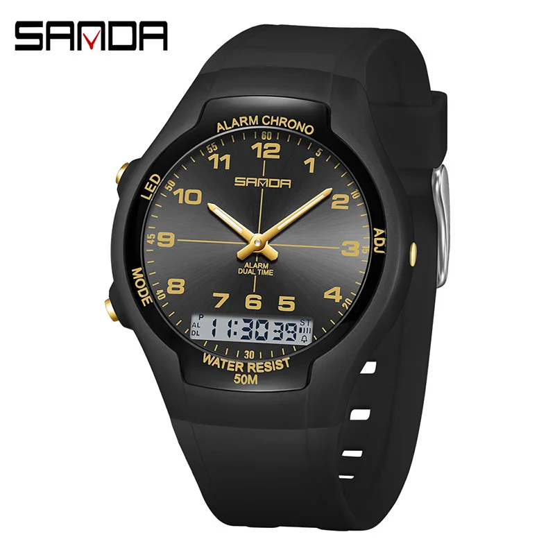 

SANDA SD6320 Новые электронные модные водонепроницаемые женские часы с двойным дисплеем, ночник, студенческие кварцевые спортивные часы