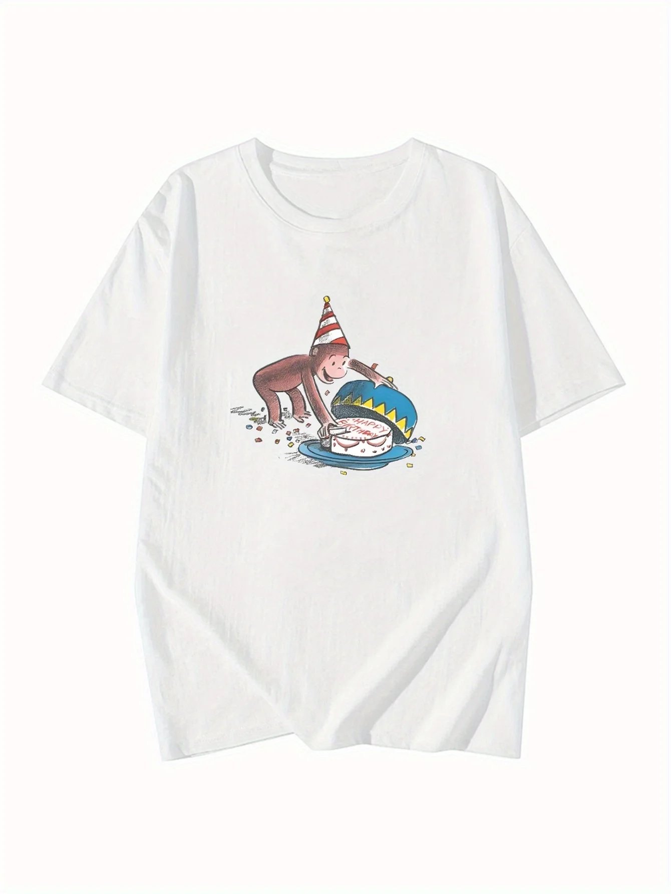 Women's Cartoon Graphic Sleeve Crew Neck Summer Top with Playful Party Hat  Cake Design Harajuku Short Sleeve Casual