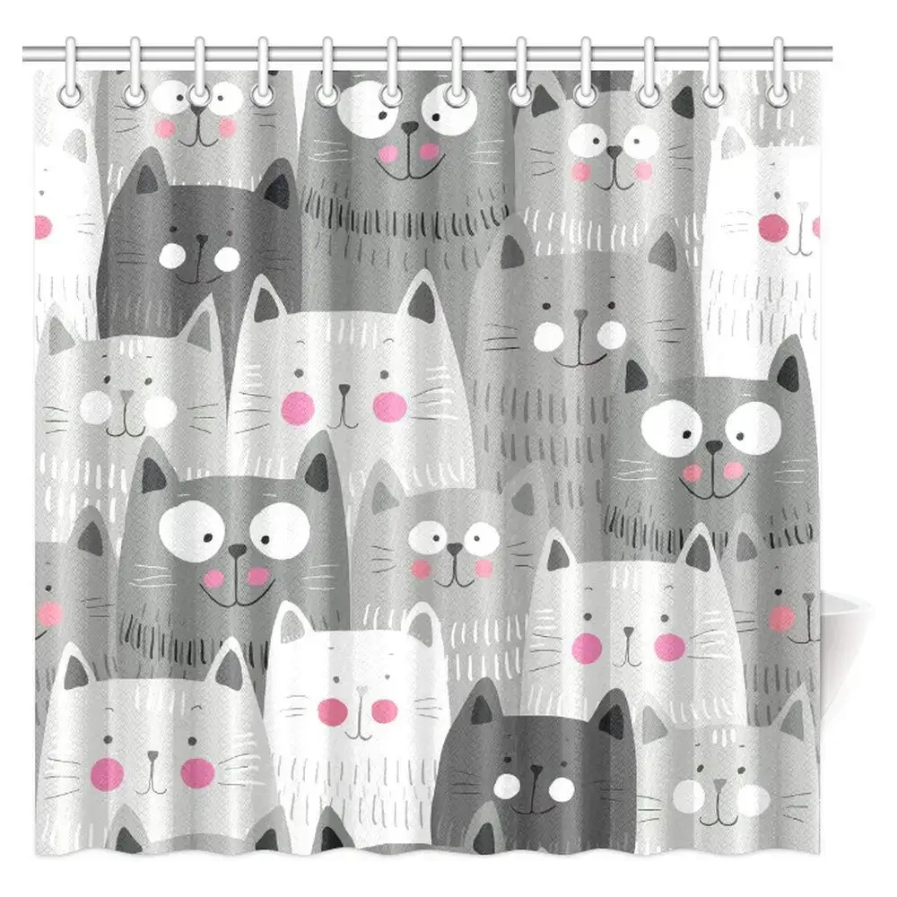 Cute Kittens Tropical Animals Cat Figures Posing Over Floral Background Feline Cartoon Shower Curtain