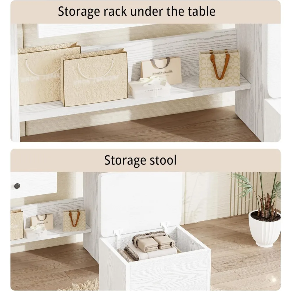 مكتب فانيتي مع مرآة وأضواء LED، خزانة مجوهرات، مجموعة طاولة تزيين المكياج مع أدراج، أرفف تخزين، لغرفة النوم، #6