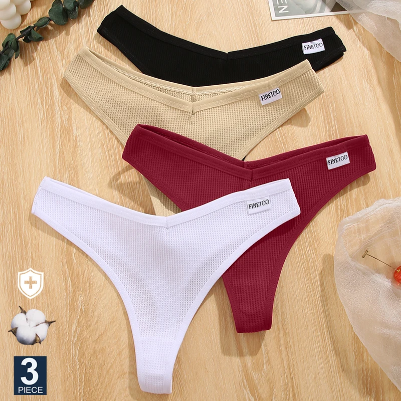 FINETOO 3PCS/Set G-string Panties Waffle Cotton Women's Underwear Sexy Panties Female Underpants Thong V-Waist Pantys Lingerie