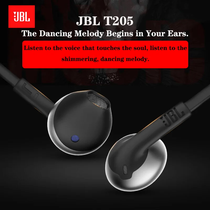 JBL T205 Half-ear earphones with microphone line control for phone calls mobile phone headphones standard 3.5mm audio jack