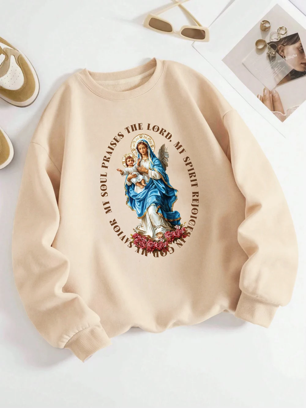 The Virgin Mary Sweatshirt Women Religious Belief Print Hoodie Loose Fleece Warm Crewneck Clothes Winter Sporty Womans Pullover