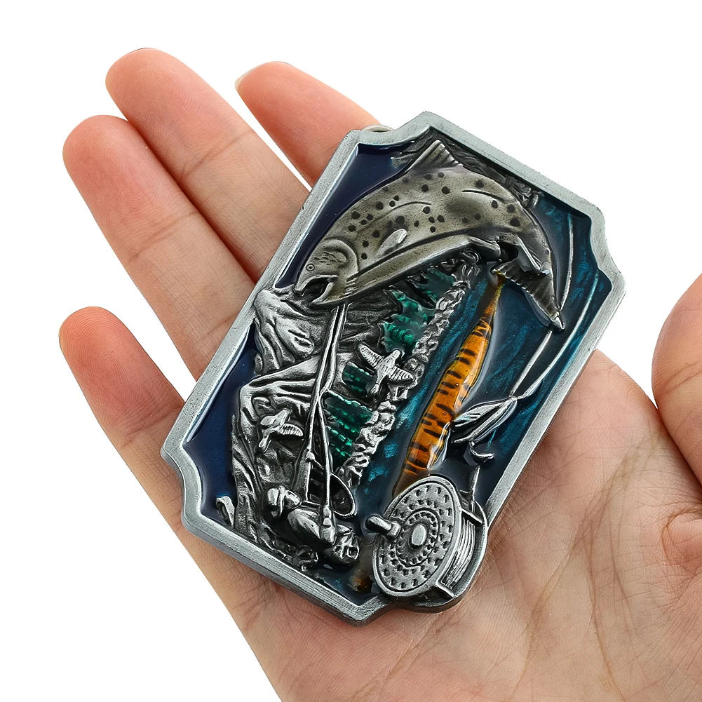 

Western Style Cowboy Zinc Alloy Fishing Belt Buckle DIY Clothing Decoration Accessory Men's Jeans Blue Belt Buckles for Men40mm