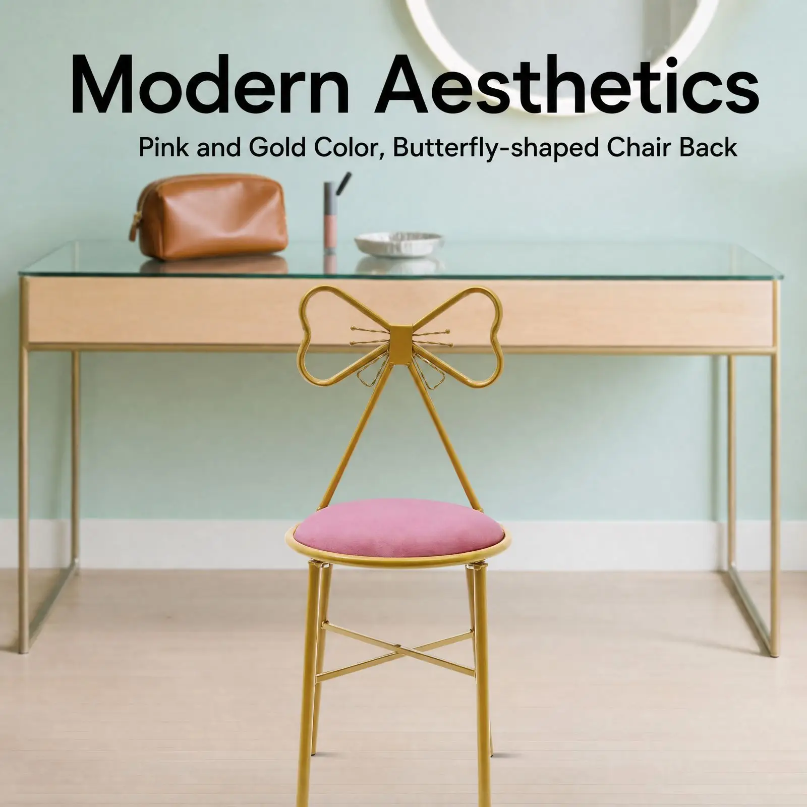 Pink Butterfly Backrest Vanity Chair Gold Plastic Sprayed Iron Frame 100kg Load Anti-slip Feet Girly Makeup Stool view 4