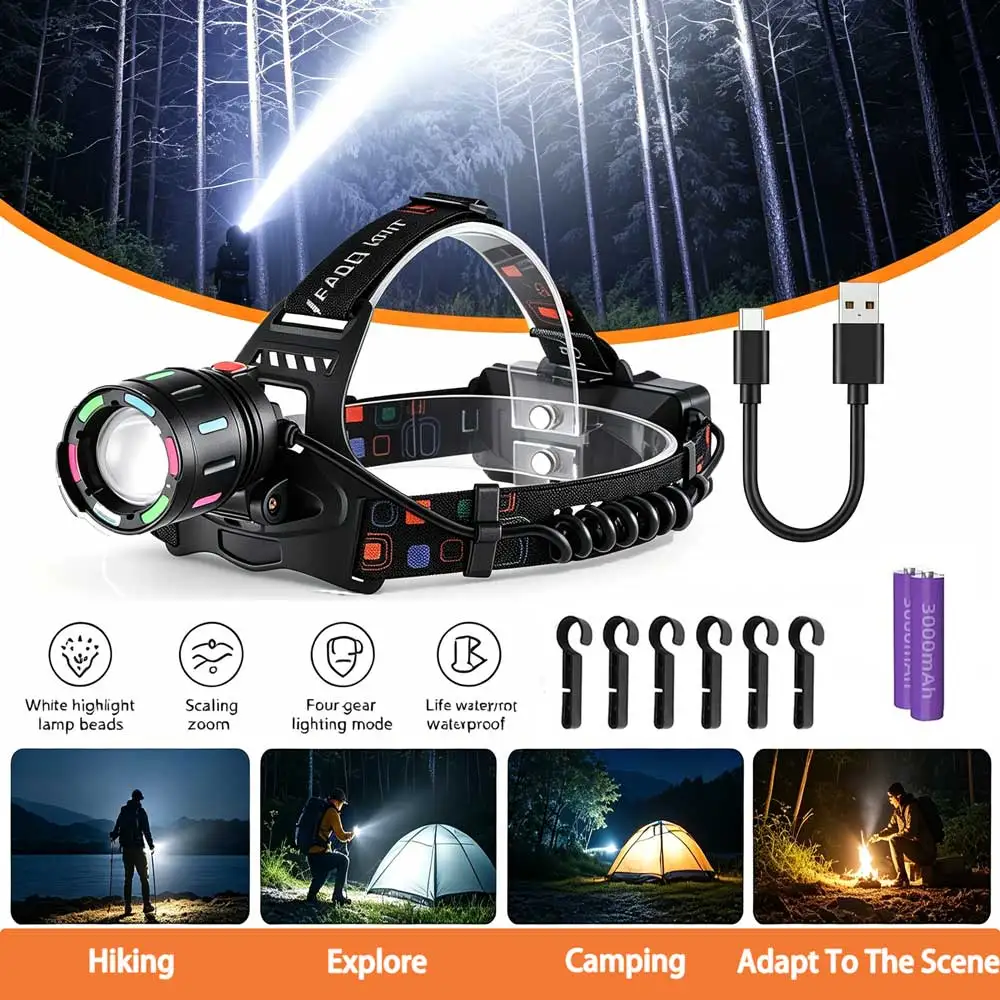 Ultra Powerful LED Headlamp - Waterproof Adjustable Head Flashlight 4 Modes, Zoom USB Rechargeable Head Lantern Fishing Hunting