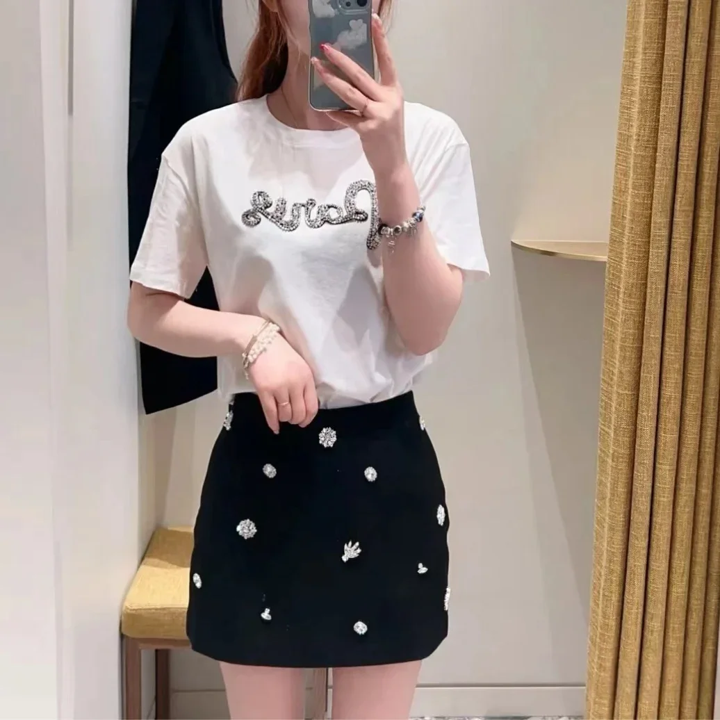 

Letter short sleeved T-shirt with three-dimensional patch and diamond inlay, small loose French niche 24, early autumn new style