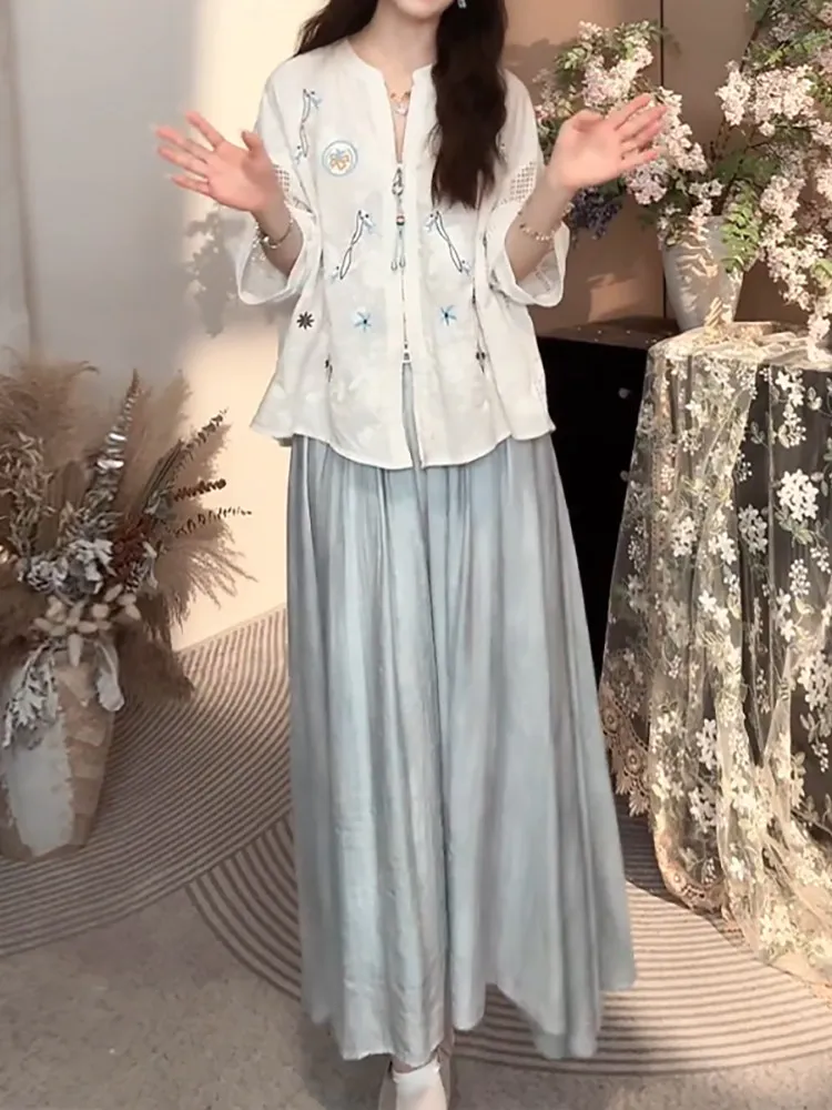 

Elegant Summer Shirt And Skirt Set for Women Zipper High Waist Unique Fashionable Breathable Lightweight round Neckline Workwear