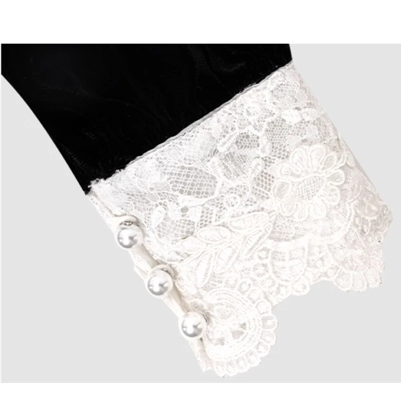 فستان نسائي مخملي من الحرير الطبيعي النقي مع رقبة على شكل حرف V من الدانتيل، يتميز بنمط قديم وأنيق، مناسب للنساء. لينة حساسة.