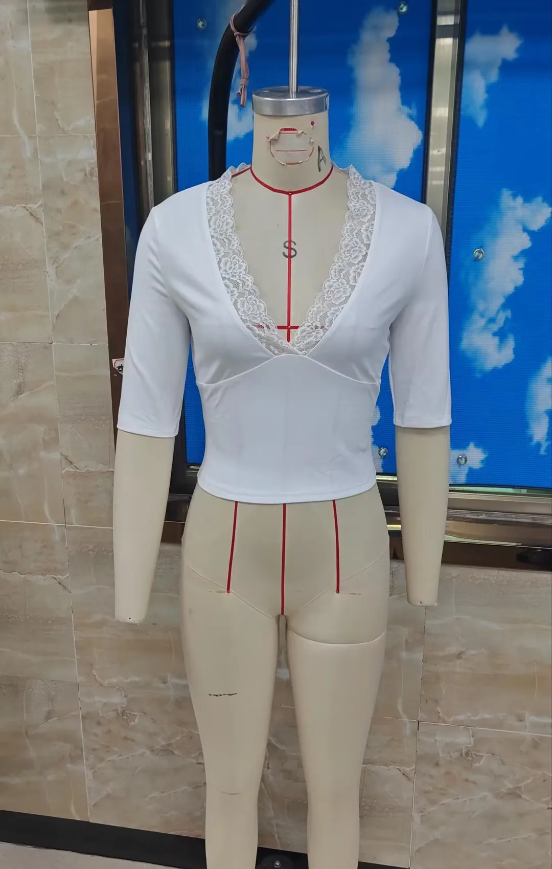 Women's Deep V Neck Tops Half Sleeve Lace Trim Neckline T-shirt