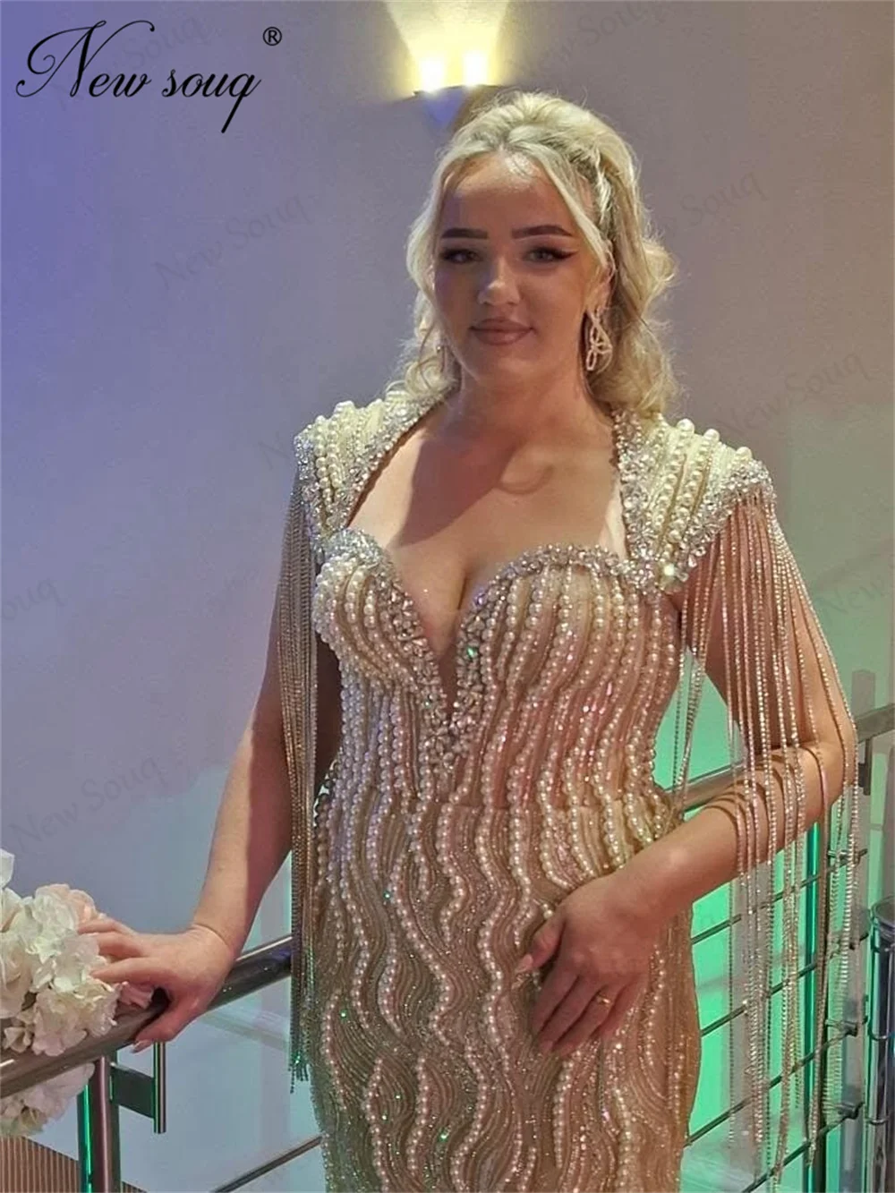 

Накидка с длинными кисточками Вечерние платья Плюс Размер Русалка Жемчуг Платье для выпускного вечера Индивидуальные платья цвета шампанского для свадебной вечеринки Vestidos