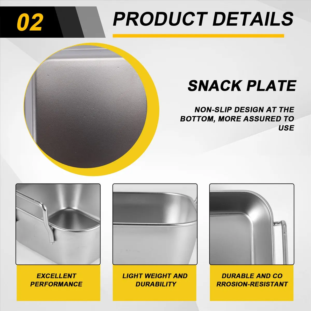 MALL Stainless Steel Food Storage Tray Double Ears Fried Chicken Square Plate Snack Fruit Plate Food Display Kitchen Tools, A