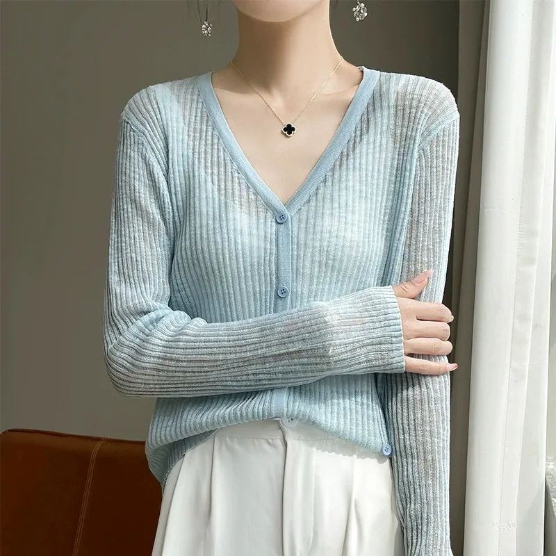 

Bla Bamboo Rayon Ice Silk Sun Protection ort Knitted Cardigan Slimming Women's Air Conditioner irt Cover up Dr