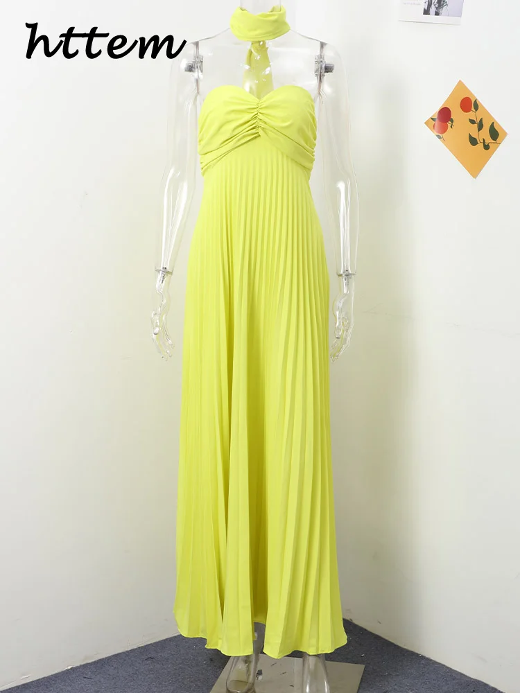 Elegant Strapless Ribbon Long Dress Women Sexy Sleeveless Backless Pleated Party Dresses 2024 Summer Lady Sexy Evening Robes New image 6