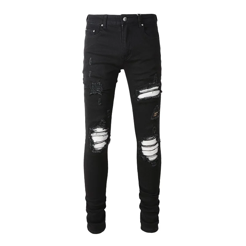 Men Cracked Silver Leather Patch Biker Jeans Streetwear Skinny Tapered Stretch Denim Pants Holes Ripped Patchwork Black Trousers