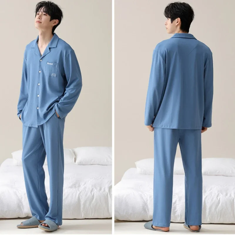 Pyjama de printemps en pur coton pour hommes, chemise à manches longues, vêtements de détente monochromes, vêtements de nuit doux, vêtements de nuit coréens, fjzones, grande taille