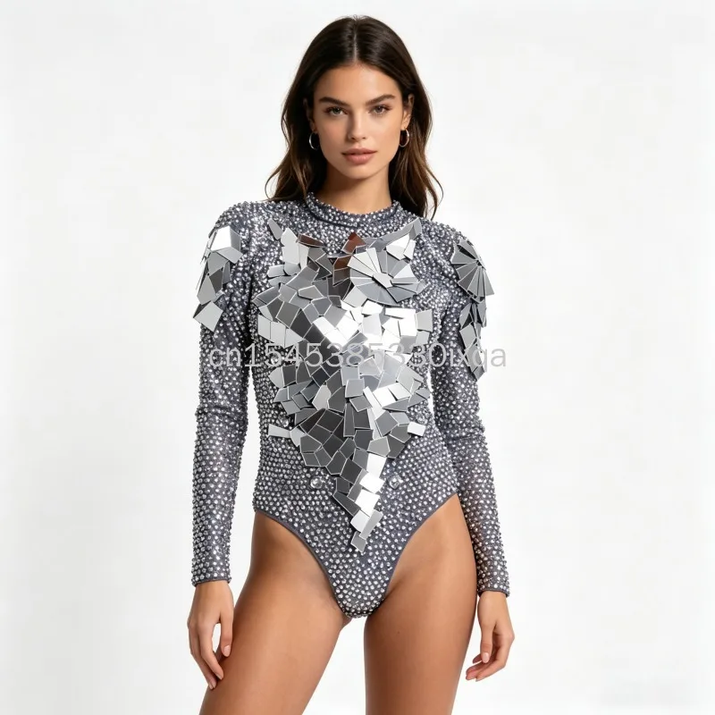 Glänzender Gold-Strass-Spiegel-Bodysuit für Damen – Geburtstagsfeier-Outfit, DS Bar Sängerin Tänzerin Show Performance Kostüm