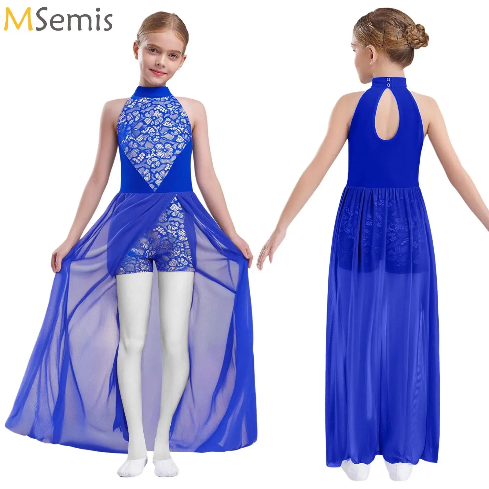 

Kids Girls Lyrical Dance Dress Halter Sleeveless Leotard Jumpsuit with Flowy Mesh Overlay for Lyrical Modern Dance Competition