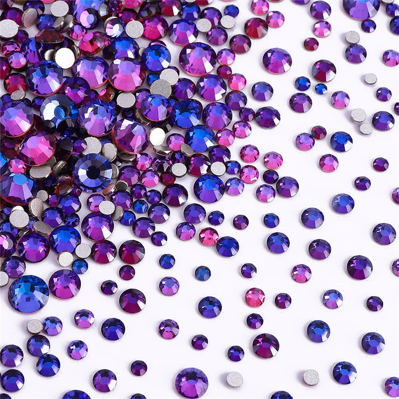 High Quality SS3-SS30 Purple Majesty Glass Flatback Rhinestone Glitter Round Silver Base Non Hotfix Glue On Stones for Nails Art